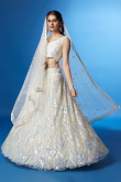Off White Net Sequins Embroidered Flared Lehenga 