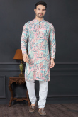 Off White Rayon Straight Cut Printed Men's Kurta Churidar