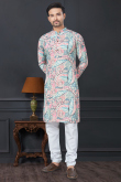 Off White Rayon Straight Cut Printed Men's Kurta Churidar