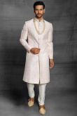 Ivory Silk Woven Men Sherwani With Plain Churidar