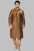Olive Brown Dupion Silk Dori Embroidered Men's Kurta Churidar