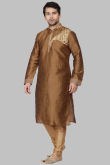 Olive Brown Dupion Silk Dori Embroidered Men's Kurta Churidar