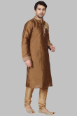 Olive Brown Dupion Silk Dori Embroidered Men's Kurta Churidar