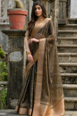 Olive Brown Kora Silk Woven Zari Broad Border Saree 
