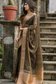 Olive Brown Kora Silk Woven Zari Broad Border Saree 