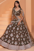 Olive Brown Net Embroidered Party Wear Lehenga