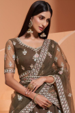 Olive Brown Net Embroidered Party Wear Lehenga
