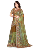 Dori Work Party Wear Saree in Olive Brown Net