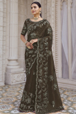Olive Brown Resham Embroidered Net Light Weight Saree
