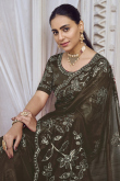 Olive Brown Resham Embroidered Net Light Weight Saree