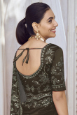 Olive Brown Resham Embroidered Net Light Weight Saree