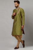 Olive Green Dupion Silk Embroidered Men Kurta