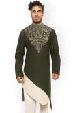 Olive Green Dupion Silk Embroidered Work Kurta for Men