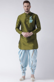 Olive Green Dupion Silk Embroidered Straight Cut Men's Kurta Dhoti
