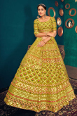 Olive Green Georgette A-Line Wedding Wear Lehenga