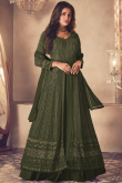 Olive Green Georgette Embroidered Long Choli Lehenga 