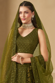 Olive Green Georgette Panelled Style Lehenga with Sequins Work