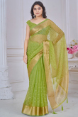 Olive Green Kora Silk Saree With Zari Work For Diwali