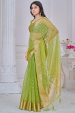 Olive Green Kora Silk Saree With Zari Work For Diwali