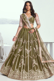 Olive Green Net Embroidered Flared Style Lehenga