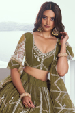 Olive Green Net Embroidered Flared Style Lehenga