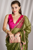 Olive Green Net Embroidered Shimmer Saree