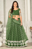Olive Green Net Resham Embroidered Flared Style Lehenga 