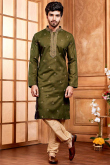 Olive Green Poly Silk Embroidered Men's Kurta Pajama