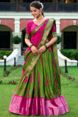 Olive Green Silk Blend Lehenga With Printed Work For Diwali