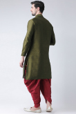 Olive Green Silk Embroidered Men's Kurta With Dhoti 