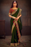 Olive Green Silk Zari Embroidered Wedding Wear Saree