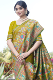 Olive Green Weaved With Thread And Zari Handloom Silk Saree