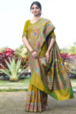 Olive Green Weaved With Thread And Zari Handloom Silk Saree