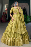 Olive Green Weaved Zari Chanderi Lehenga For Mehndi 