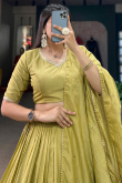 Olive Green Weaved Zari Chanderi Lehenga For Mehndi 