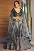 Ombre Printed Chinnon Dark Grey Flared Style Lehenga