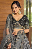Ombre Printed Chinnon Dark Grey Flared Style Lehenga