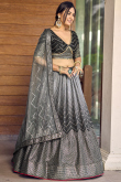 Ombre Printed Chinnon Dark Grey Flared Style Lehenga