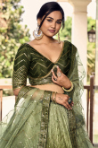Ombre Printed Chinnon Olive Green Flared Style Lehenga