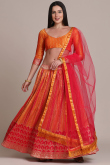 Orange And Red Silk Printed Lehenga