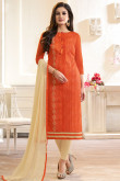 Orange Chanderi Silk Embroidered Trouser Suit