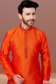 Dupion Silk Orange Zari Embroidered Sangeet Men Kurta Pajama