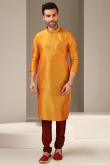 Orange Dupion Silk Embroidered Men's Kurta With Churidar