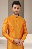 Orange Dupion Silk Embroidered Men's Kurta With Churidar