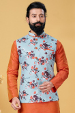 Orange Dupion Silk Jacket Style Men Kurta Pajama