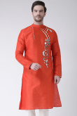 Orange Dupion Silk Patch Embroidered Men's Kurta