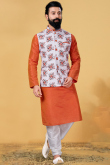 Orange Dupion Silk Straight Cut Men Kurta Pajama