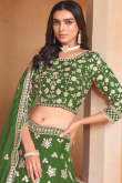 Organza Forest Green Zari Embroidered Panelled Style Lehenga