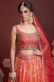 Organza Orange Printed Wedding Wear Lehenga