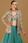 Organza Persian Green Printed Flared Style Lehenga